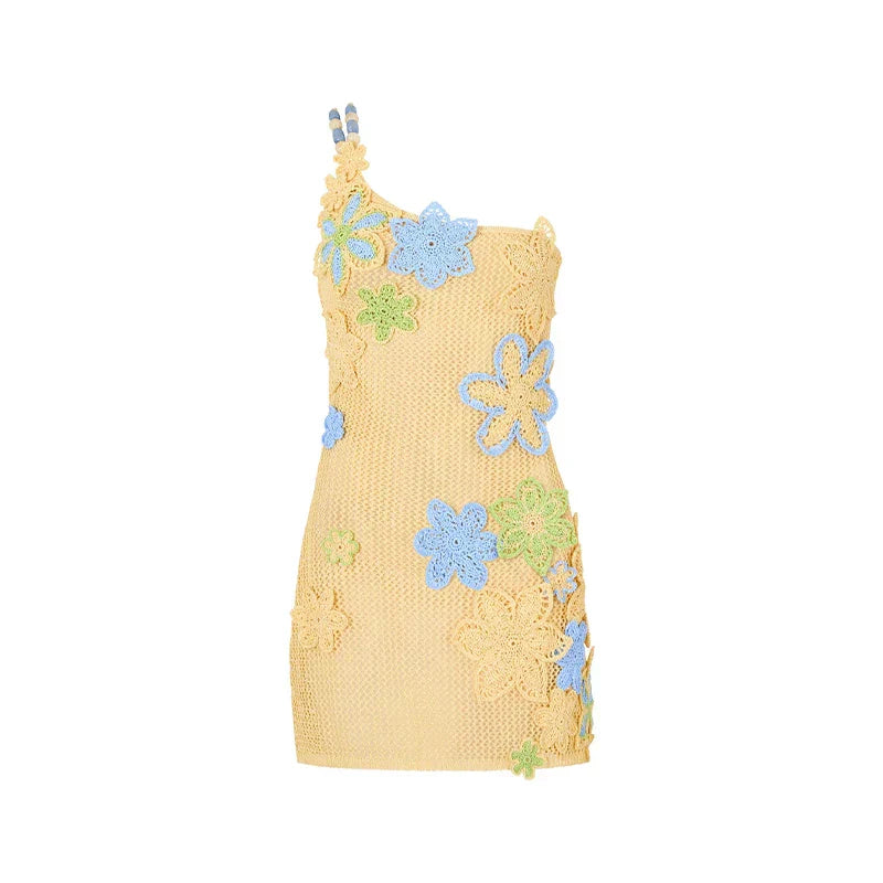 Gelbes gehäkeltes Sommer-Minikleid mit Blumenstickerei für Damen – Nari