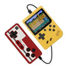 Gelbe Retro-Handheld-Konsole mit rotem Controller, 8-Bit-Spiele, tragbar, nostalgisch.