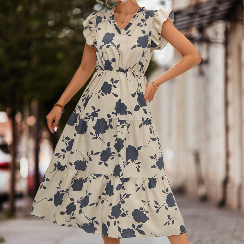 A-line summer dress with puff sleeves and color accent – Thalia