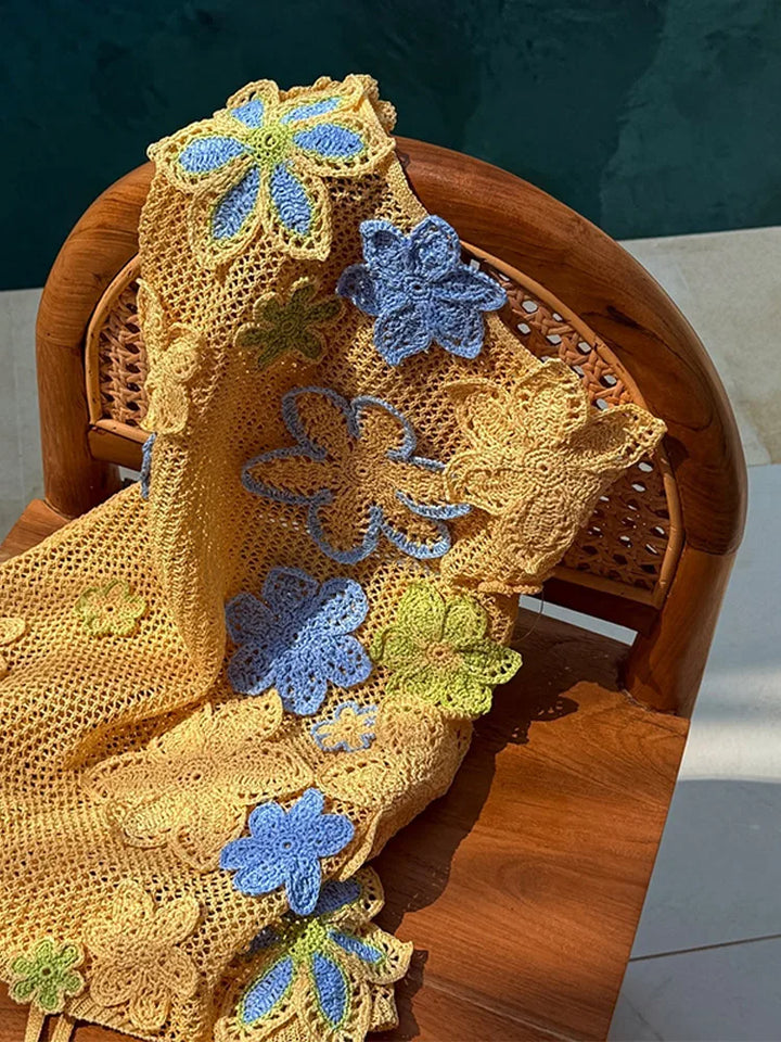 Gelbes gehäkeltes Sommer-Minikleid mit Blumenstickerei für Damen – Nari