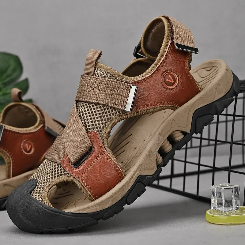 Khakifarbene Herren Ledersandalen im Römischen Stil für Sommer und Freizeit – Cassian