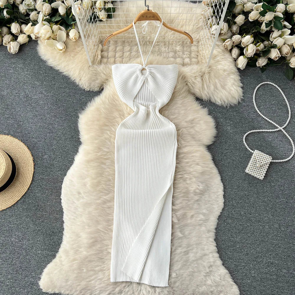 Trendy rückenfreies Maxi-Strickkleid mit Seitenschlitz für Damen (Einheitsgröße) – Liora