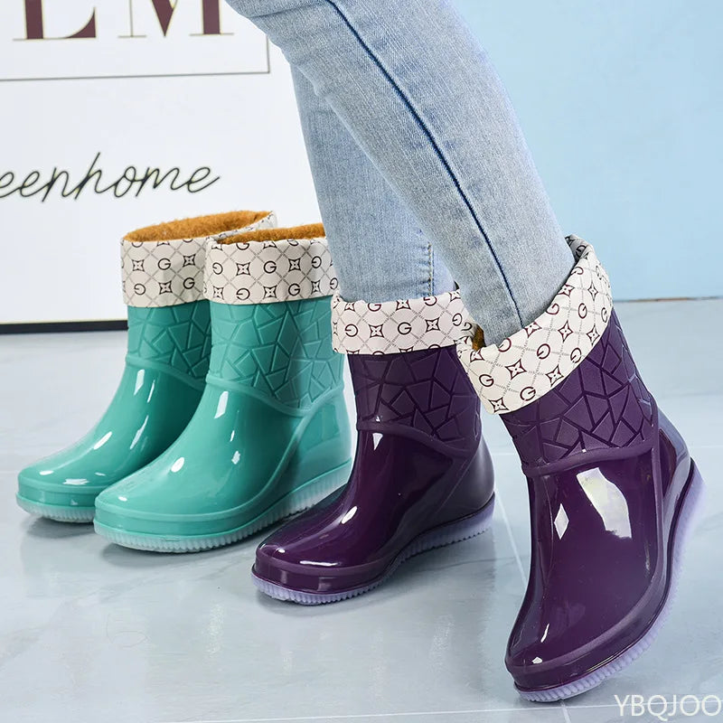 Damen Regenstiefel halbhoch wasserdicht mit Muster & Antirutschsohle – Marvella