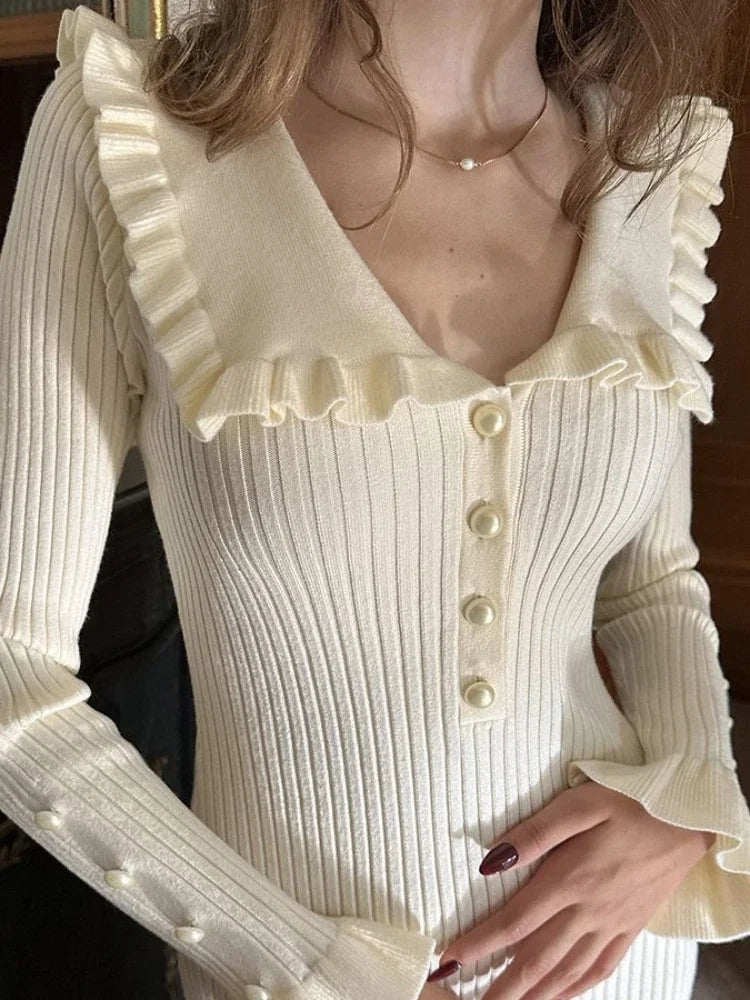 Damen Strick-Maxikleid mit hoher Taille & Rüschen – Isolde