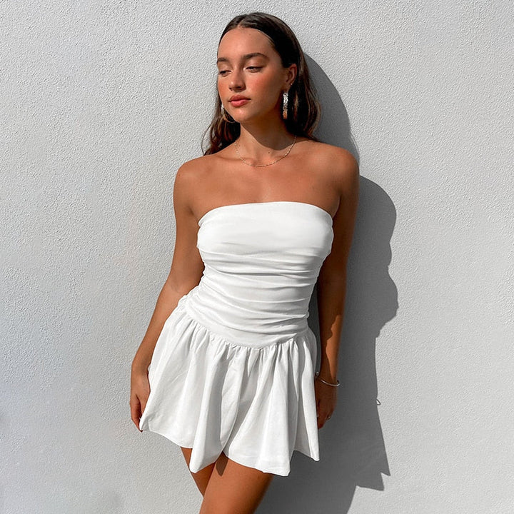 White Strapless Mini Dress with Pleated Details – Nikki