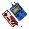Blauer Retro-Handheld-Spielkonsole mit rotem Controller, 8-Bit-Spiele, tragbar, nostalgisch.