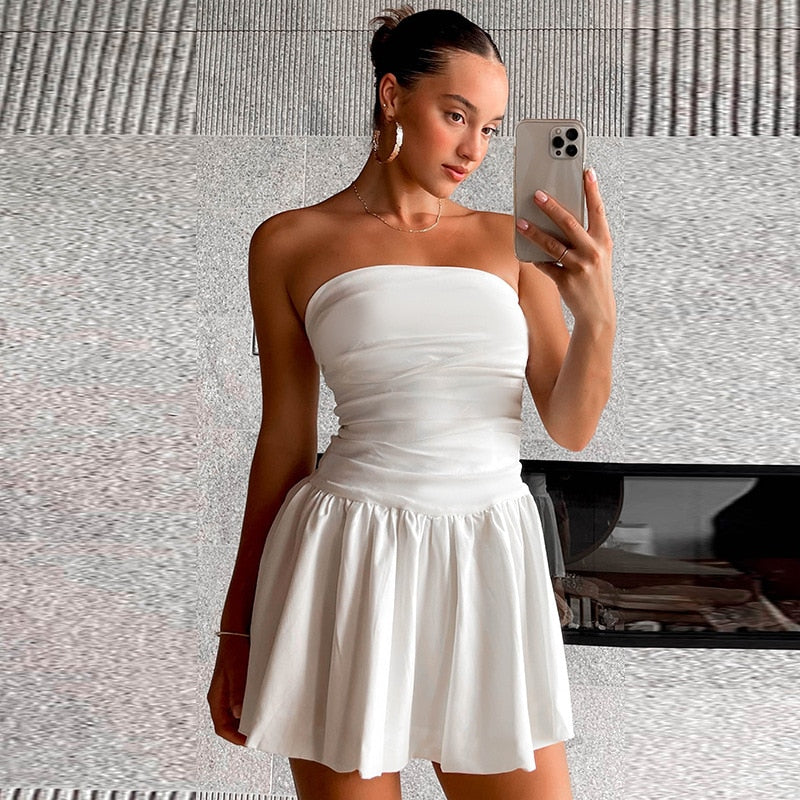 White Strapless Mini Dress with Pleated Details – Nikki