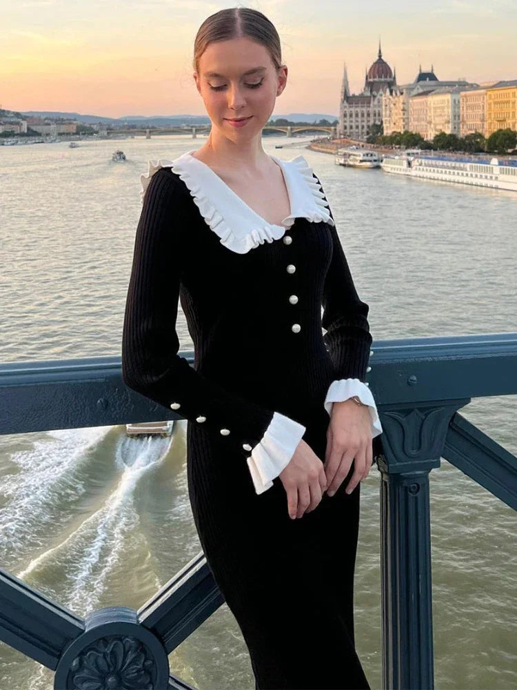 Damen Strick-Maxikleid mit hoher Taille & Rüschen – Isolde