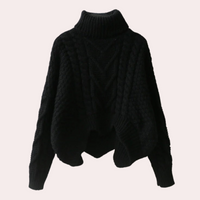 Schwarzer Strickpullover Damen, Rollkragen, Zopfmuster, Wintermode, warm, elegant.