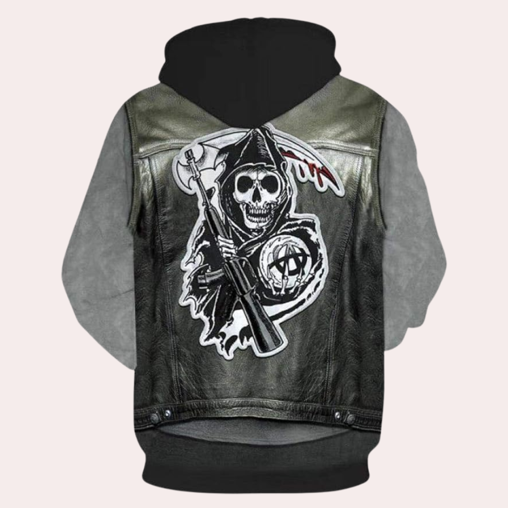 Schwarze Lederjacke mit Kapuze, Totenkopf-Design, Axt-Motiv, Herrenmode, Biker-Stil.