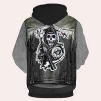Schwarze Lederjacke mit Kapuze, Totenkopf-Design, Axt-Motiv, Herrenmode, Biker-Stil.