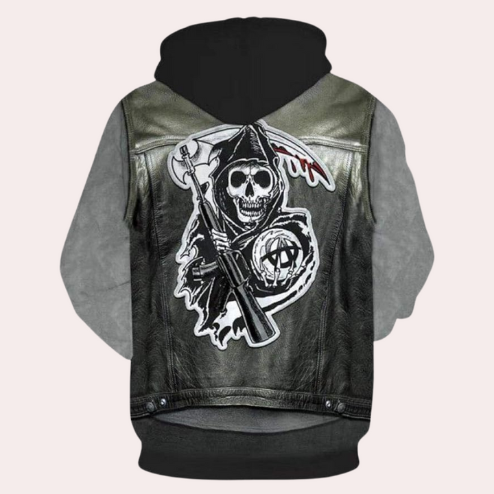 Schwarze Lederjacke mit Kapuze, Totenkopf-Design, Axt-Motiv, Herrenmode, Biker-Stil.