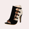 Schwarze und beige High-Heel-Stiefelette mit Schnallen, elegantes Design für Damen.