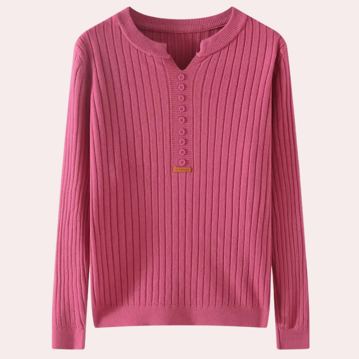 Rosa Strickpullover Damen, gerippte Baumwolle, Langarm, Knopfleiste, modisch, bequem