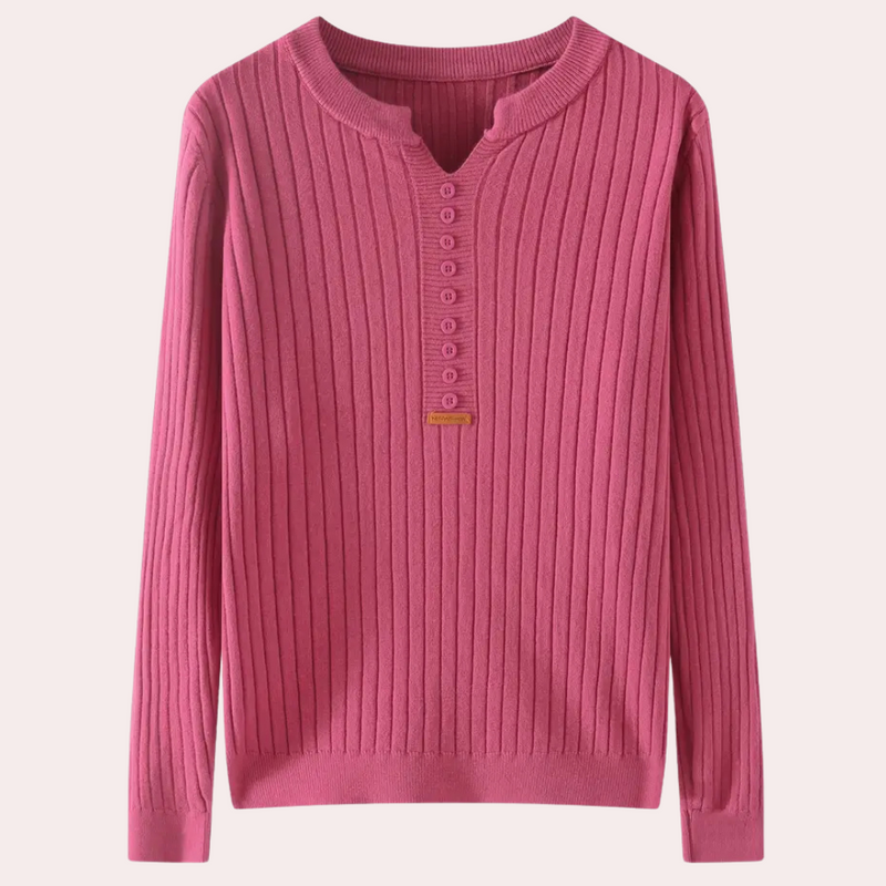 Rosa Strickpullover Damen, gerippte Baumwolle, Langarm, Knopfleiste, modisch, bequem