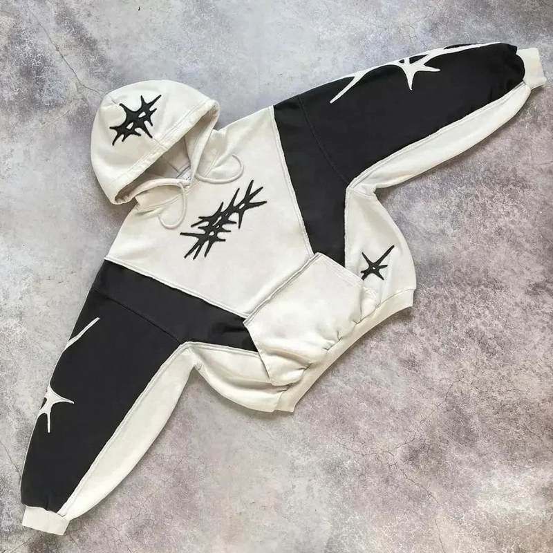 Schwarz-weißer Kapuzenpullover mit abstraktem Muster, Baumwolle, Unisex, Streetwear-Mode.