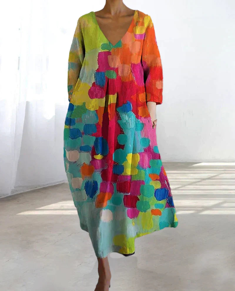 Colorful Printed Dress with V-Neck - Kim