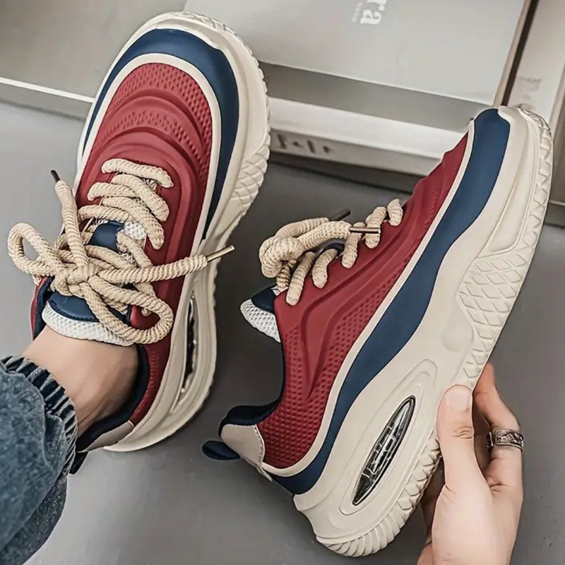 Rot-blaue Sneaker, Herren, sportlich, atmungsaktiv, modisch, Freizeitschuhe, beige Sohle.