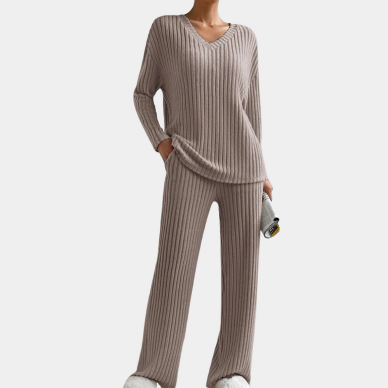 Damen Strickset Beige, V-Ausschnitt Pullover und Hose, Loungewear, gemütlich, modisch