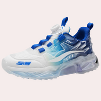 Weiße und blaue Sneaker, sportliches Design, atmungsaktiv, rutschfeste Sohle, Herrenmode.