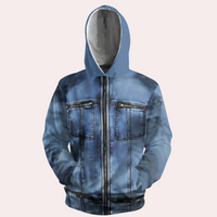 Blauer Kapuzenpullover mit Jeans-Design, Reißverschluss, Taschen, Unisex, modisch, bequem.