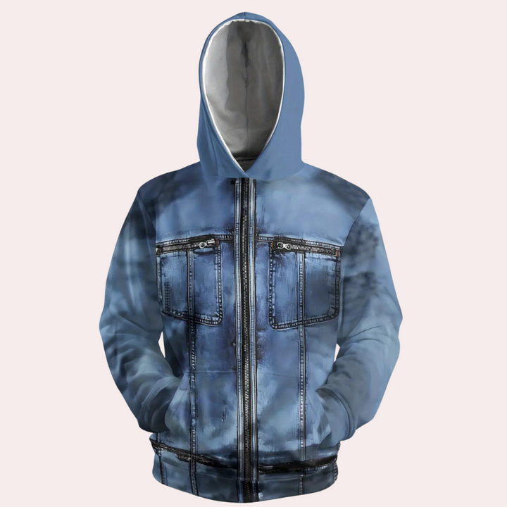 Blauer Kapuzenpullover mit Jeans-Design, Reißverschluss, Taschen, Unisex, modisch, bequem.