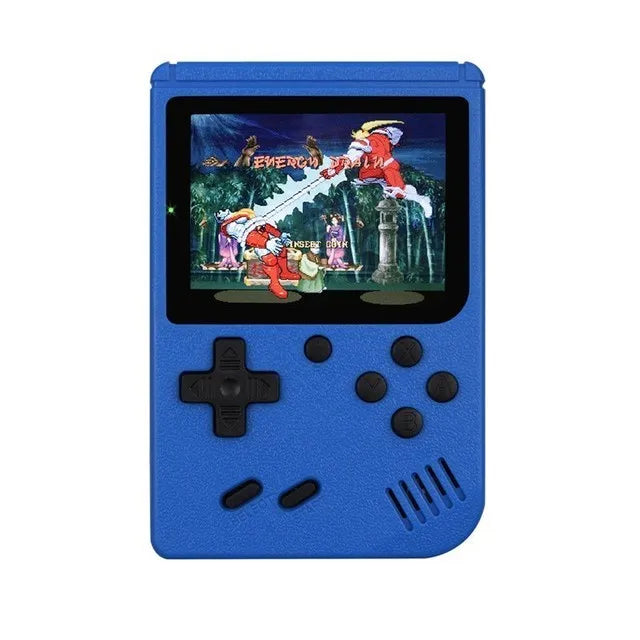 Blaue Retro-Handheld-Konsole mit Spiel auf Bildschirm, Steuerkreuz und Tasten, tragbar, nostalgisch.