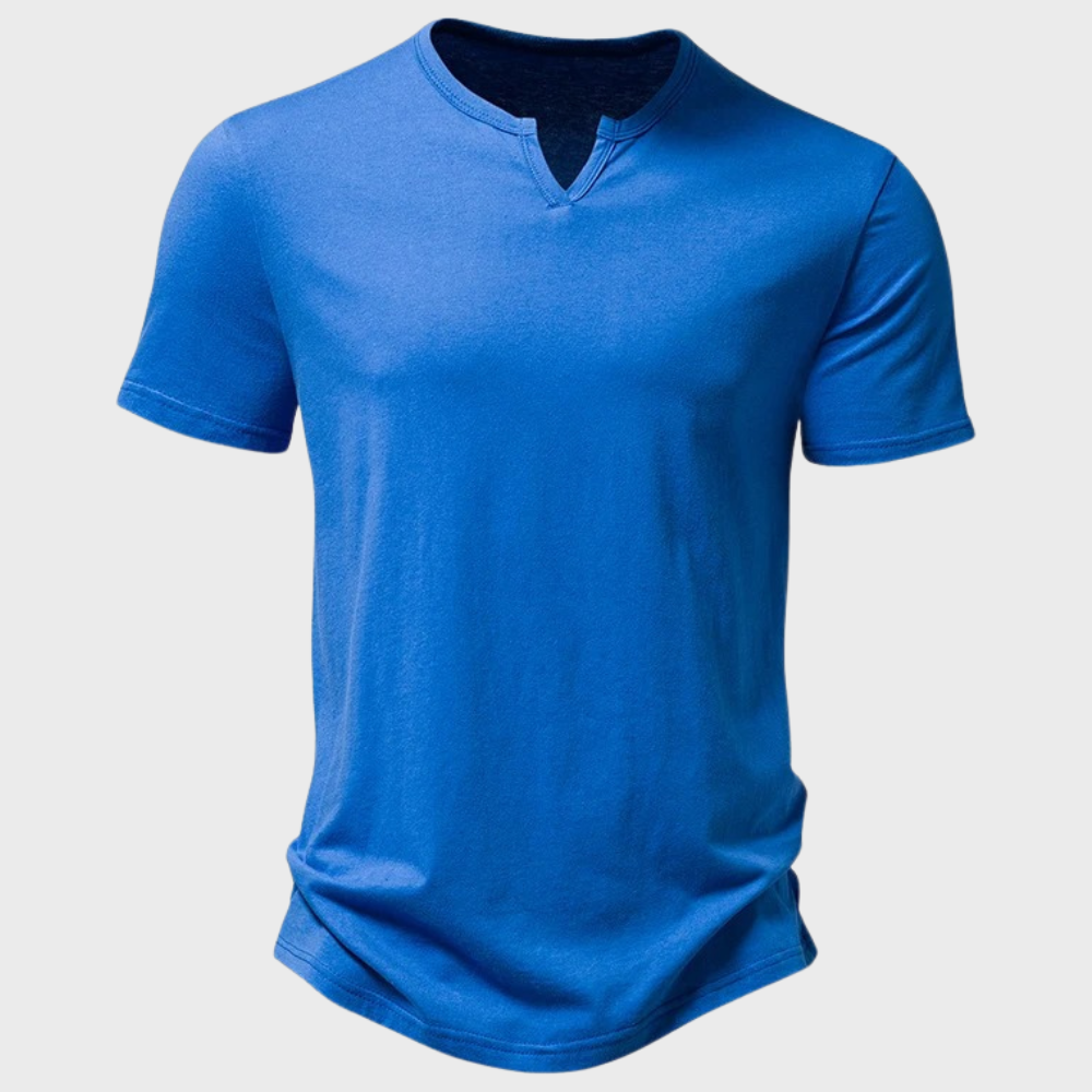 Blaues Herren-T-Shirt aus Baumwolle, V-Ausschnitt, kurzärmelig, modisch, bequem.