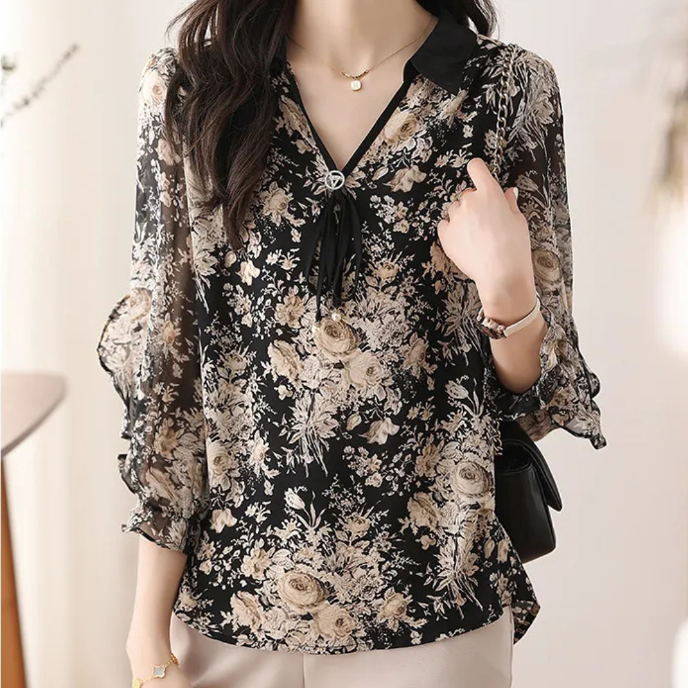 Damenbluse mit Blumenmuster, schwarz-beige, Chiffon, V-Ausschnitt, elegant, langärmlig.