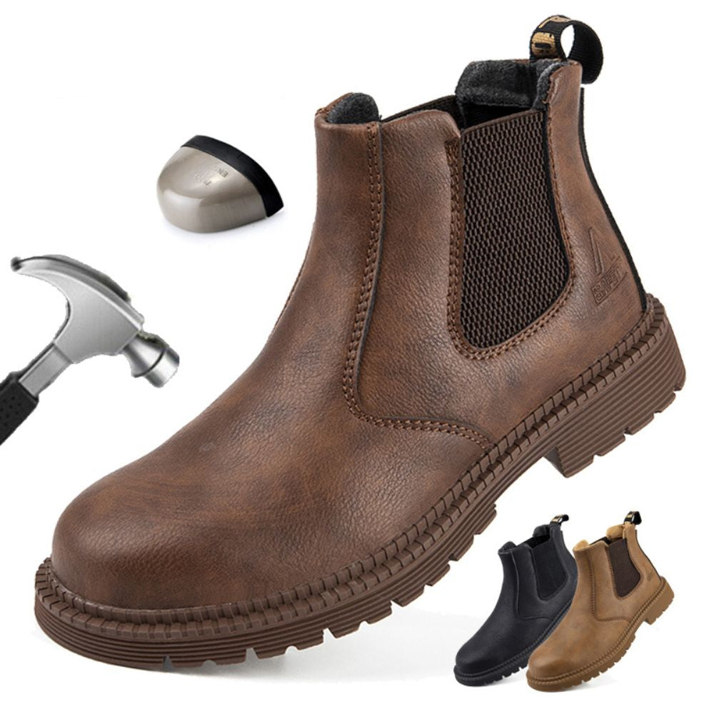 Braune Chelsea-Sicherheitsstiefel aus Leder, rutschfest, mit Stahlkappe, für Herren.