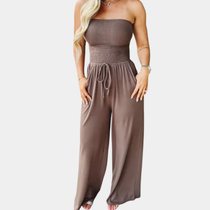 Damen Jumpsuit trägerlos braun, Sommermode, lässig, bequem, elastisch, elegant, Freizeitkleidung.
