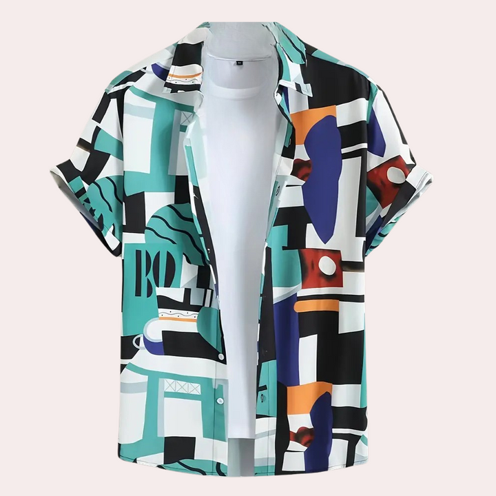 Buntes Herrenhemd mit geometrischem Muster, kurzärmelig, aus Baumwolle, modisch.