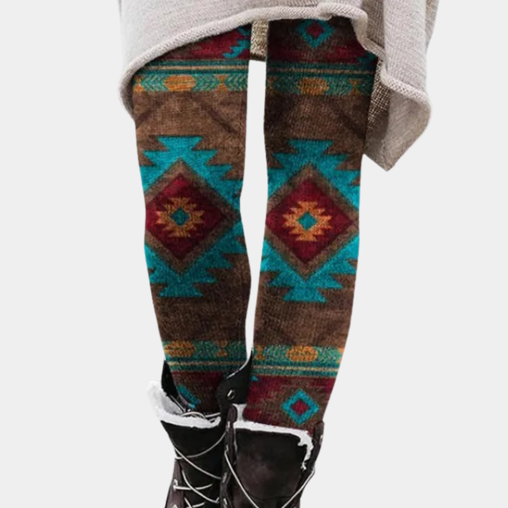 Damen-Leggings mit Aztekenmuster, bunt, warm, Wintermode, Strick, Stiefel, Boho-Stil.