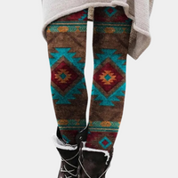 Damen-Leggings mit Aztekenmuster, bunt, warm, Wintermode, Strick, Stiefel, Boho-Stil.