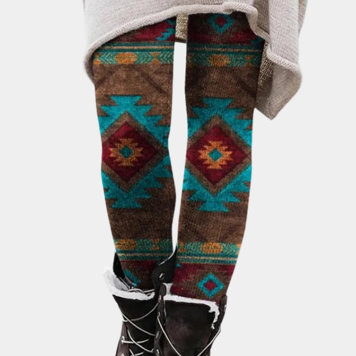 Damen-Leggings mit Aztekenmuster, bunt, warm, Wintermode, Strick, Stiefel, Boho-Stil.