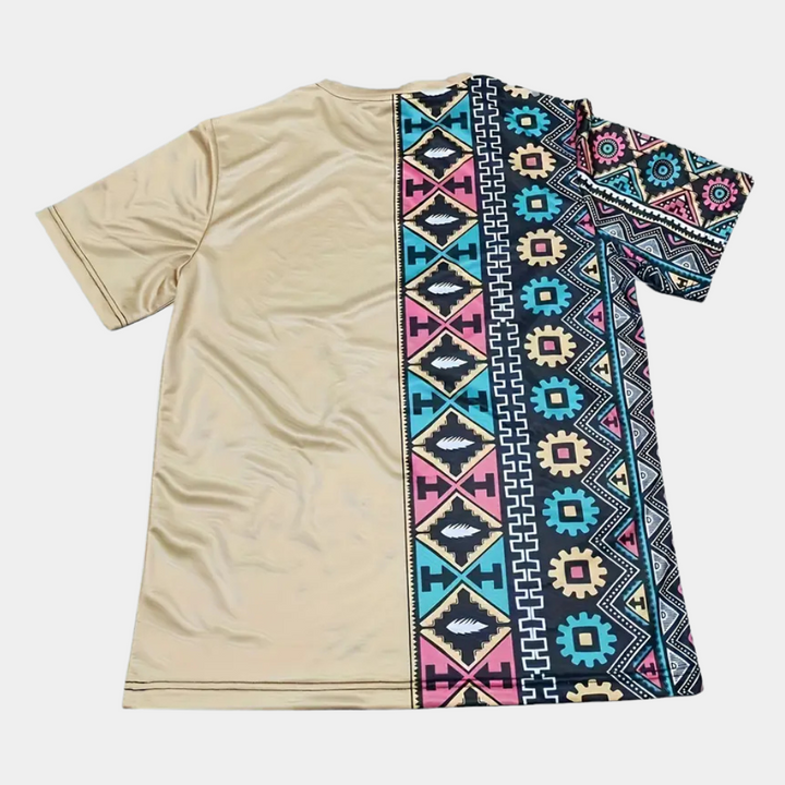 Beiges T-Shirt mit buntem, geometrischem Aztekenmuster, Kurzarm, Unisex, Baumwolle.