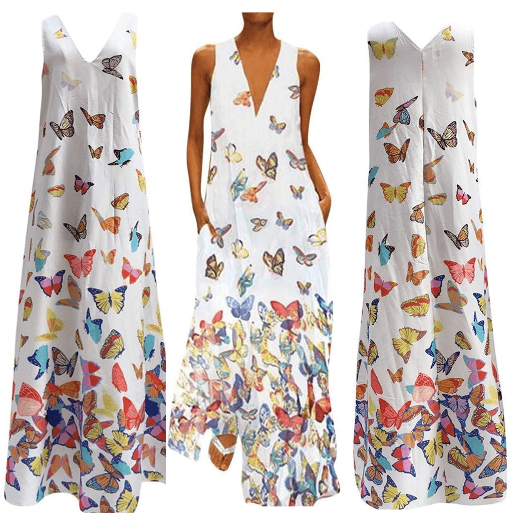 Trendy Ärmelloses Maxi-Sommerkleid mit Schmetterlingsmuster – Malia
