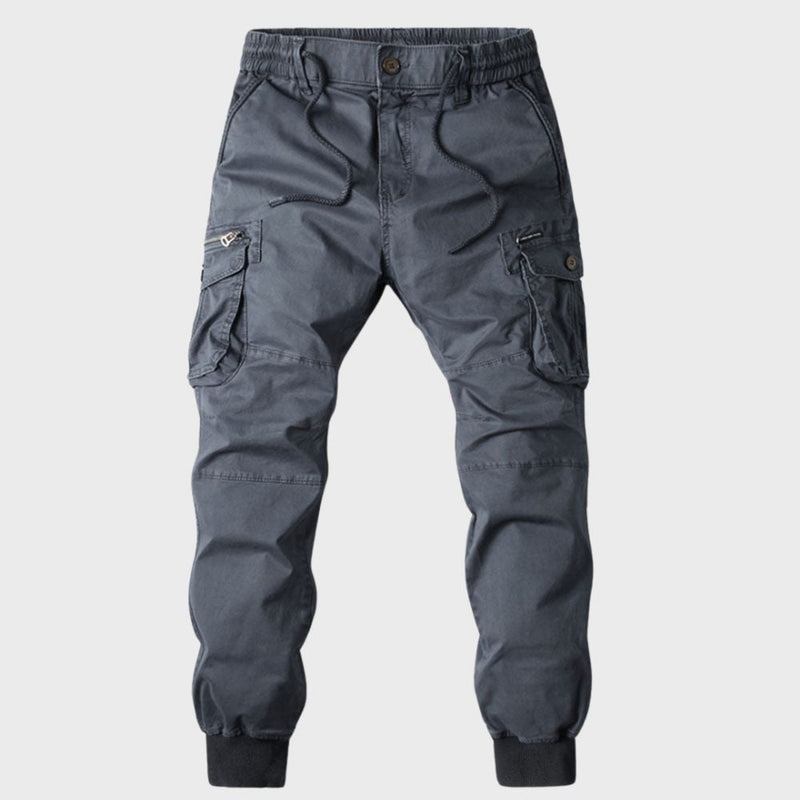 Graue Herren-Cargohose, elastischer Bund, Taschen, Baumwolle, Freizeitmode, Jogger-Stil.