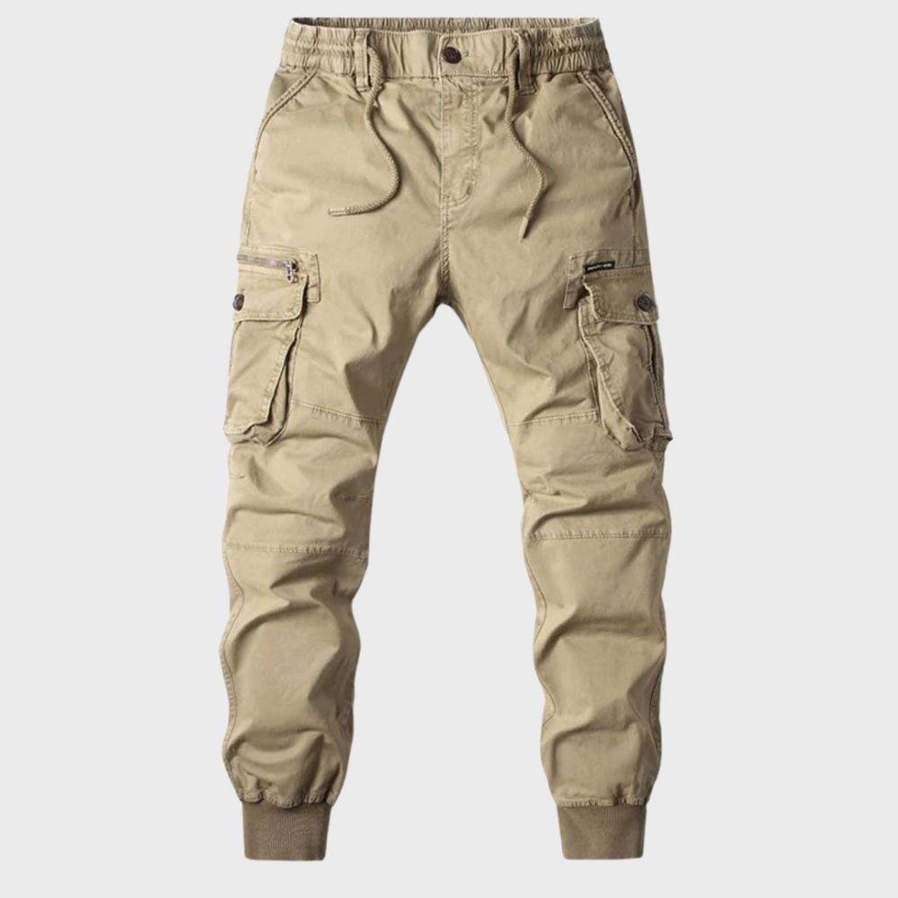 Beige Cargohose für Herren, Baumwolle, elastischer Bund, Taschen, Freizeitmode.