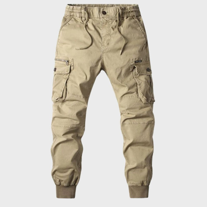 Beige Cargohose für Herren, Baumwolle, elastischer Bund, Taschen, Freizeitmode.