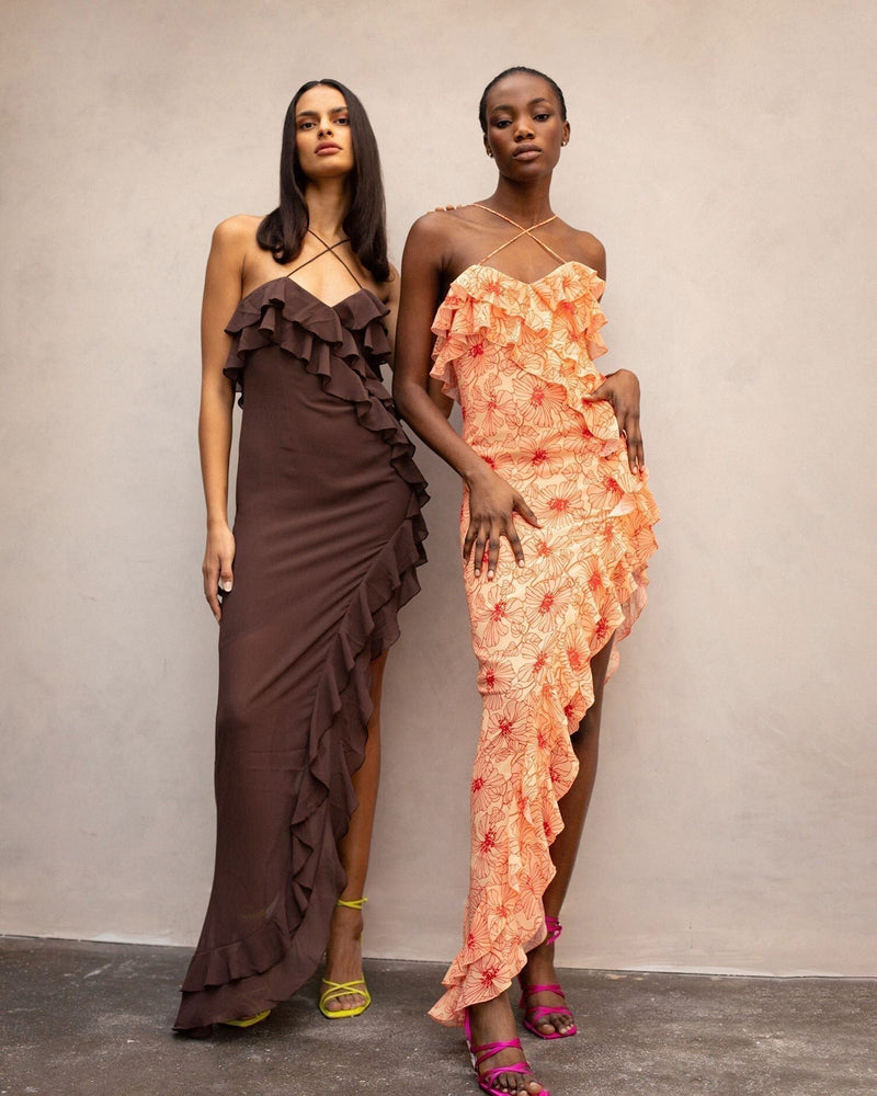 Chiffon maxi dress with ruffles and crossed neckline – Elenna