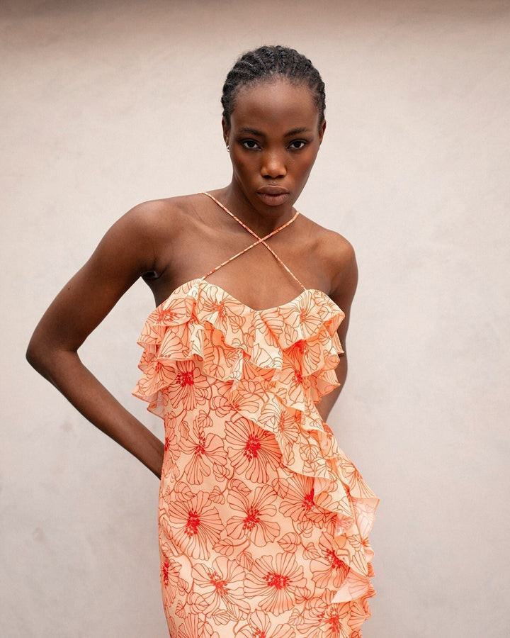 Chiffon maxi dress with ruffles and crossed neckline – Elenna