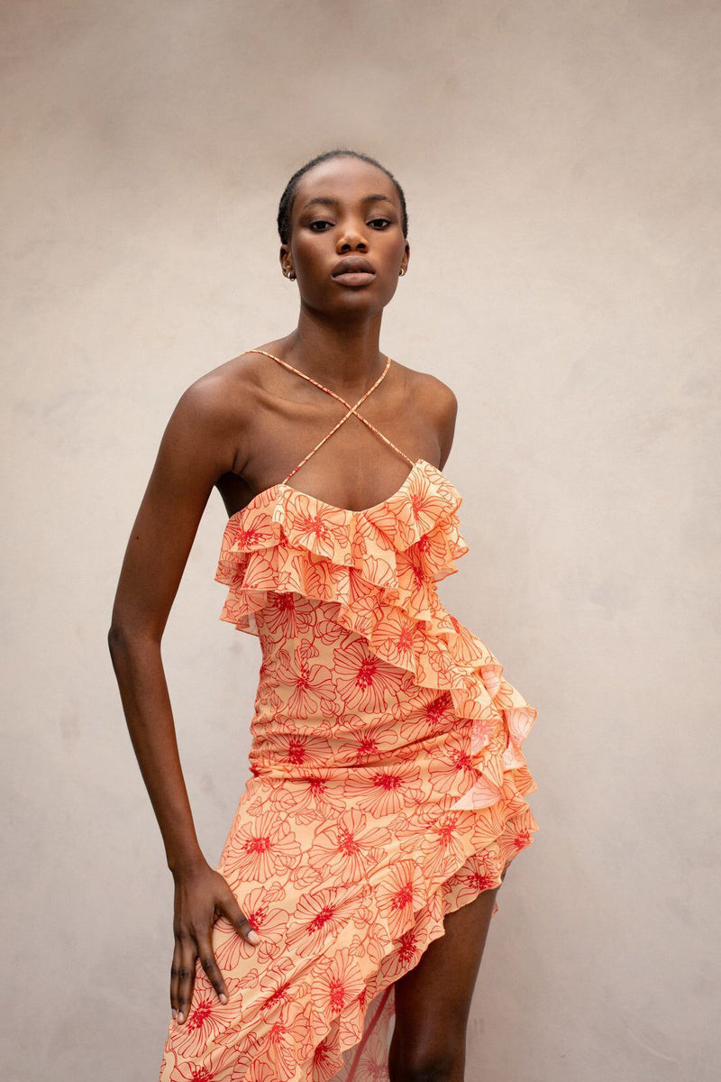 Chiffon maxi dress with ruffles and crossed neckline – Elenna