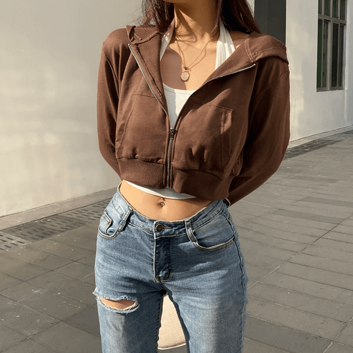 Trendige Figurbetonte Damen Cropped Zip-Up Hoodie mit Kapuze – Alina