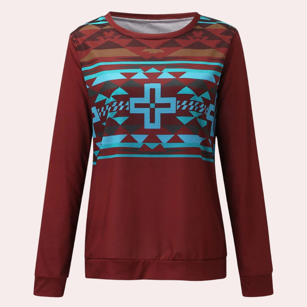 Damenpullover mit geometrischem Muster, rot-blau, Langarm, Baumwolle, modisch, bequem.