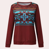 Damenpullover mit geometrischem Muster, rot-blau, Langarm, Baumwolle, modisch, bequem.