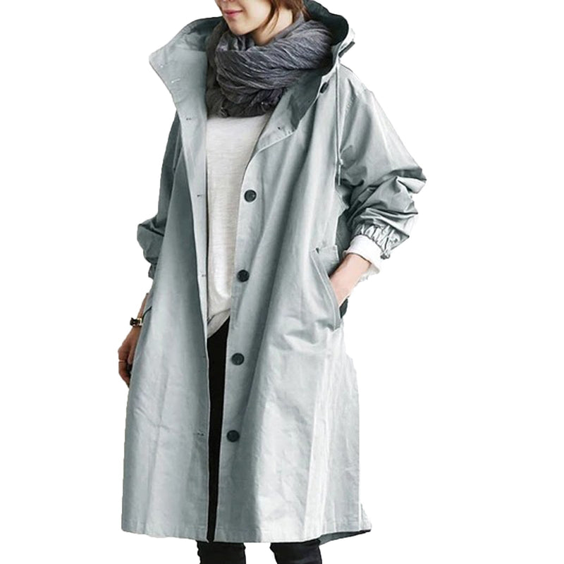 Damen Regenjacke, hellgrau, wasserdicht, mit Kapuze, modisch, funktional, Outdoor-Bekleidung.