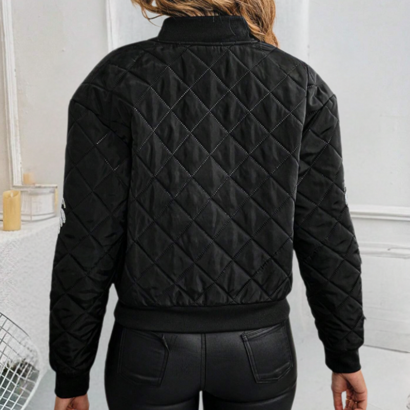 Schwarze gesteppte Damenjacke, modisch, warm, ideal für Herbst und Winter, Rückansicht.