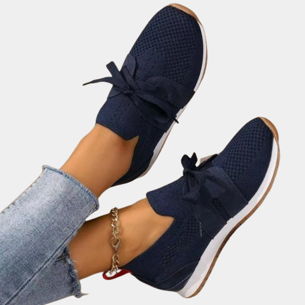 Dunkelblaue Damen-Sneaker, Strickmaterial, weiße Sohle, Freizeitschuh, modisch, bequem.