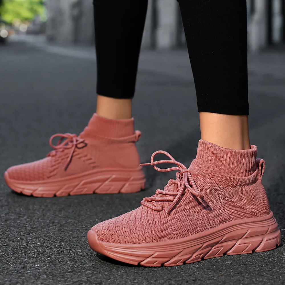 Rosa Damen-Sneaker, gestricktes Material, bequem, modisch, ideal für Freizeit und Sport.